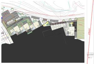 Arkitektteikning av planløysingar både boligar og området rundt. Side 1.