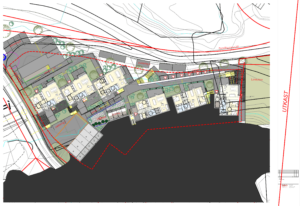 Arkitektteikning av planløysingar både boligar og området rundt. Side 2.